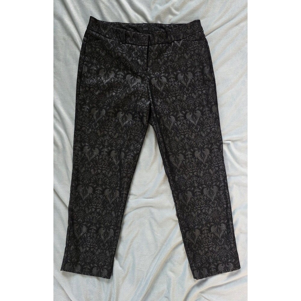 Worthington Petite Black Floral Jacquard Slim Fit Pants 4P Damask Brocade